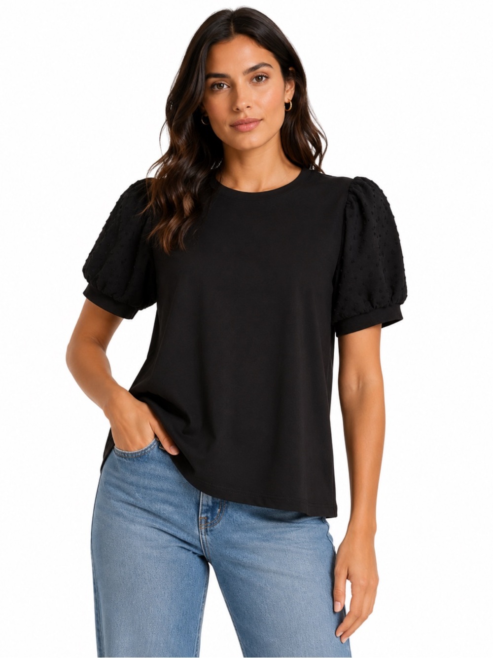 CeCe Black Puff-Sleeve Crewneck Tee